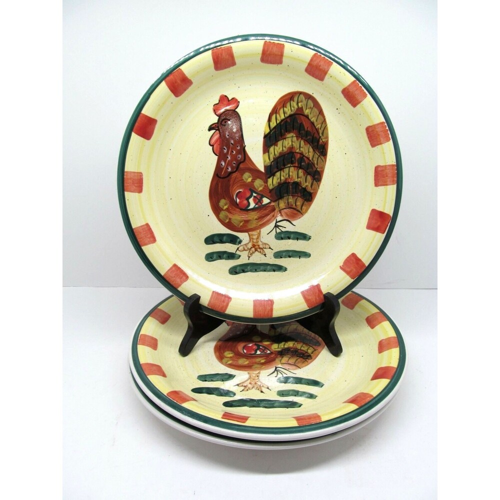Baum Bros Style Eyes Red Check Rooster 10 3/4"  Dinner Plates Bundle of 3